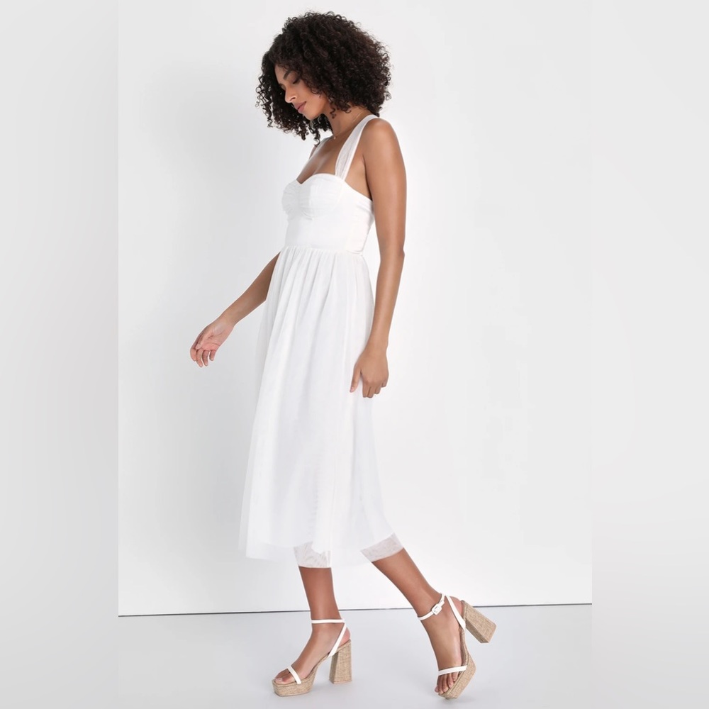 Twirling For You Ivory Lace-Up Bustier Tulle Midi Dress